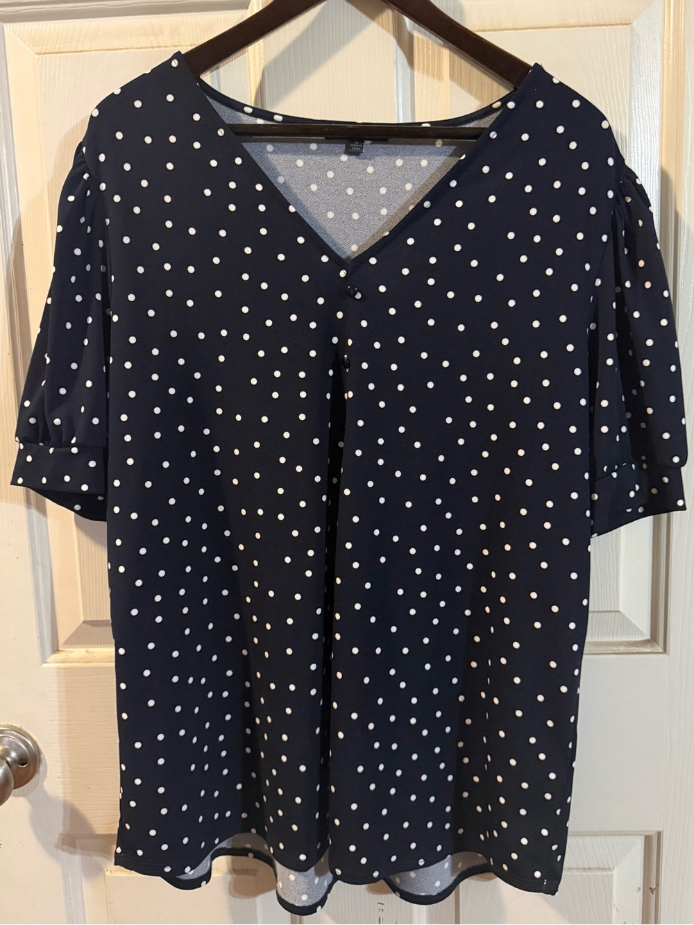 Adrianna Papell Navy and White Polka Dot V-Neck Blouse